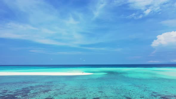 Natural overhead copy space shot of a white paradise beach and aqua blue ocean background in colorfu