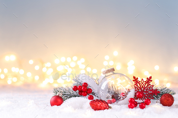  decorations on the snow, lights bokeh, copy space