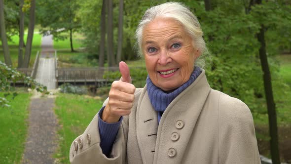 An Elderly Woman Smiles and Shows a Thumb Up To the Camera in a Park - a Footbridge in Background