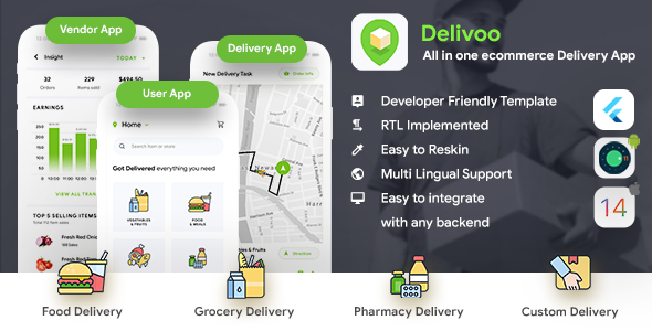 eCommerce App Template | 3 Apps | User App + Vendor App + Delivery App | Delivoo | Flutter 2