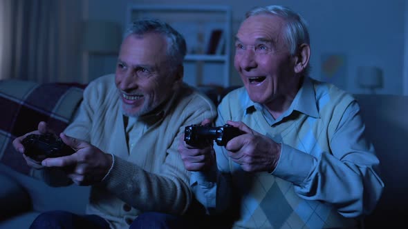 Emotional Elderly Male Friends Holding Joysticks and Playing Video Game, Fun