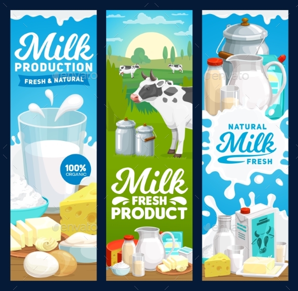 Farm Dairy and Milk Products Banners, Farm Food