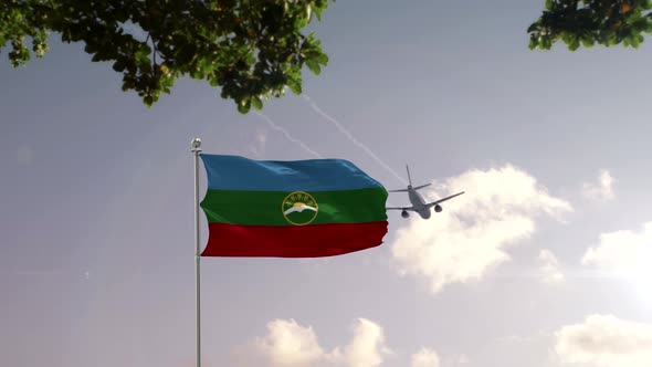 Karachay Cherkessia Flag With Airplane And City -3D rendering alt