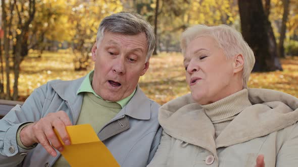 Smiling Elderly Couple Aged Partners Grandparents Senior Wife Husband Open Incoming Postal Envelope