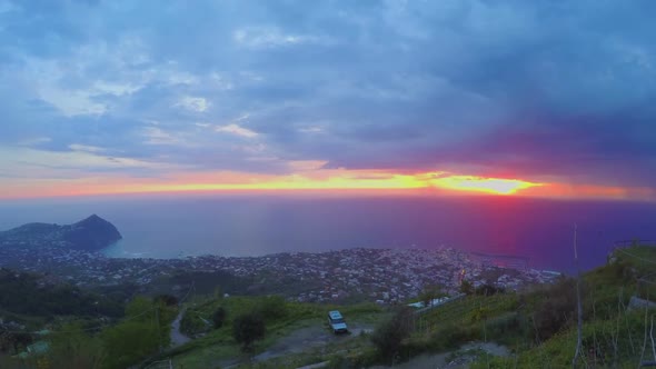 Wonderful Ocean Sunset, View on City From Mountain Peak, Heavy Clouds Timelapse