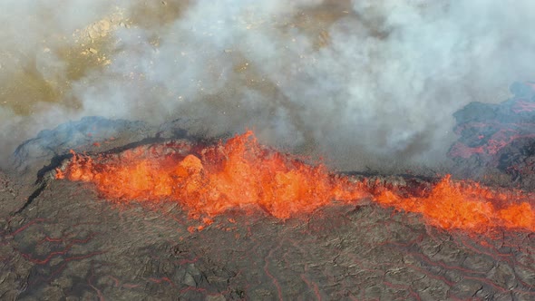 4K Scenic Aerial Drone Clip Of Fagradalsfjall Volcano Erupting. Glowing Hot Lava Exploding