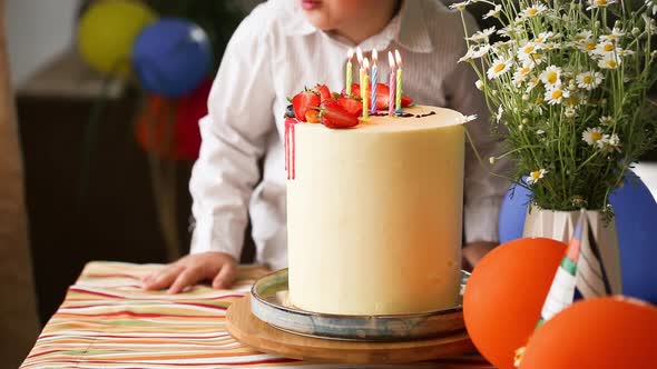 Child blowing candles on homemade baked cake, indoor. Colored party for school children