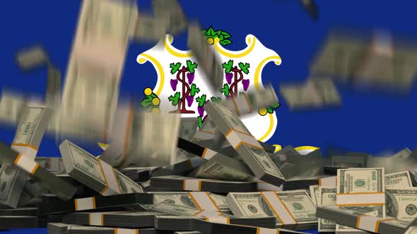 US Dollars Falling in front of Connecticut State Flag