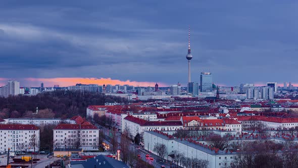 Stormy Day to Night Time Lapse of Berlin cityscape with tv tower, Berlin, Germany