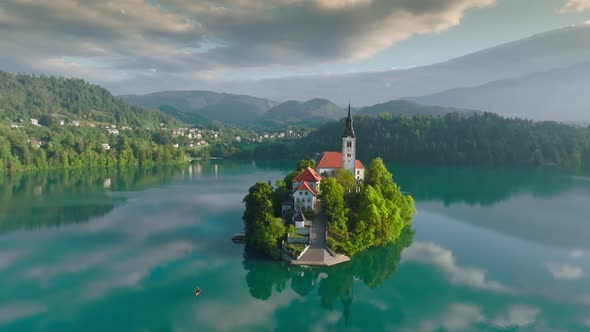 Flying Around Small Island on Bled Lake in Slovenia