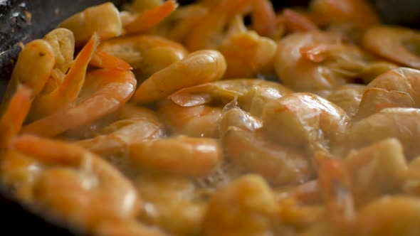 Close Up Video of Fried King Prawns are Preparing on Iron Pan Seafood Cooking Process Healthy Eating