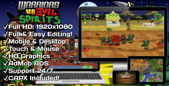 Warriors VS Evil Spirits - HTML5 Game 5 Levels + Mobile Version! (Construct 3 | Construct 2 | Capx)