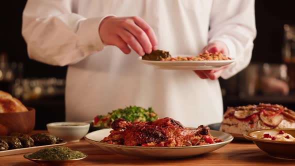 Eating Kabsa Maqluba Dolma Tabbouleh Closeup Rice and Meat Dish Middle Eastern National Traditional