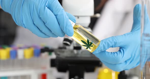 Scientist Chemist Holding Bottle of Marijuana in Front of Microscope in Laboratory Movie Slow Motion