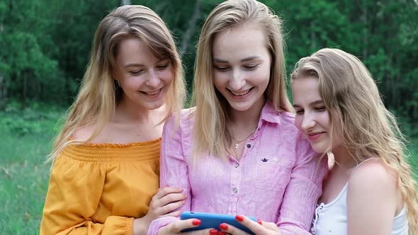 Friends in Park on picnic look at smartphone scroll through photo  in nature