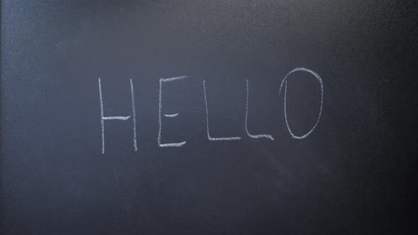 Man writing word hello on chalkboard. Hello word written on blackboard with white chalk