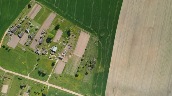 Top View of a Sown Green Field and a Small Village in Belarus