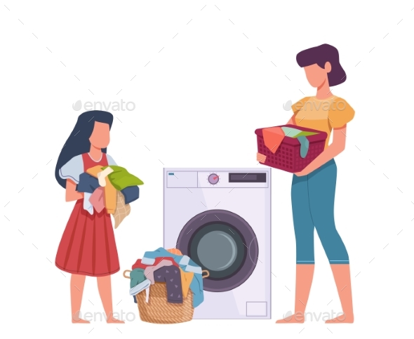 Family in Laundry. Mother and Daughter Loading