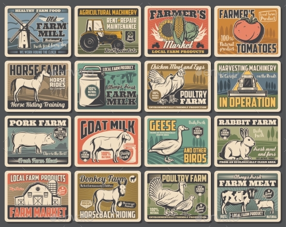 Agriculture Retro Posters, Farm Animals, Vegetable