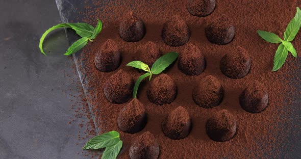 Top View of Chocolate Truffles Powdered with Cocoa 