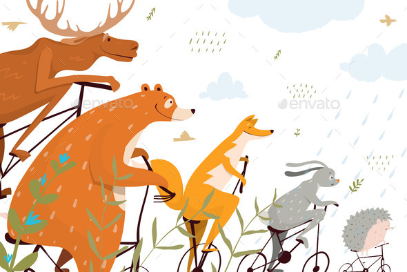 Bicycle Ride with Wild Animals Illustration