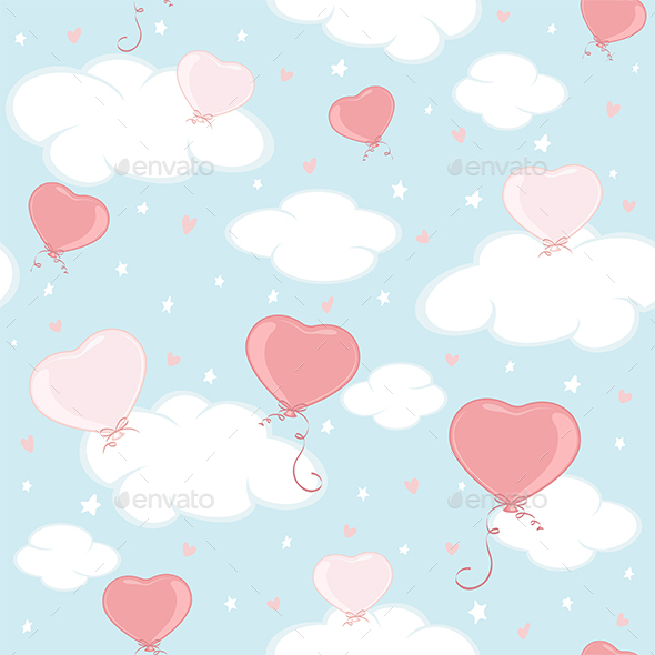 Seamless Background with Valentines Hearts and Clouds on Blue Sky