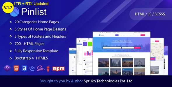Pinlist - Directory, Classifieds and Jobs Multipurpose Bootstrap4 HTML5 Listing Template