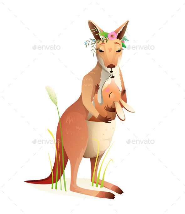 Mother Kangaroo and Her Baby in Bag Kissing