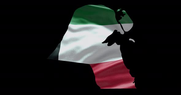 Kuwait national flag background with country shape outline. Alpha channel animation