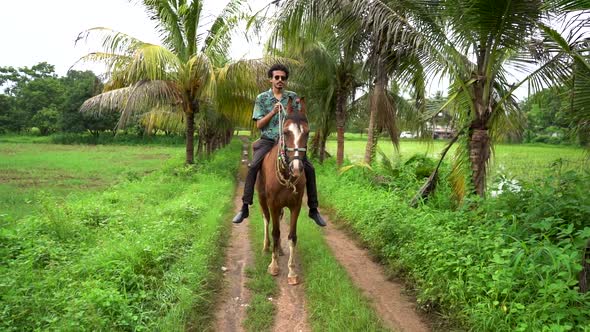 Young handsome man with brown horse. man riding horse