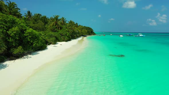 Aerial drone shot seascape of tropical shore beach adventure by blue sea with white sand background 