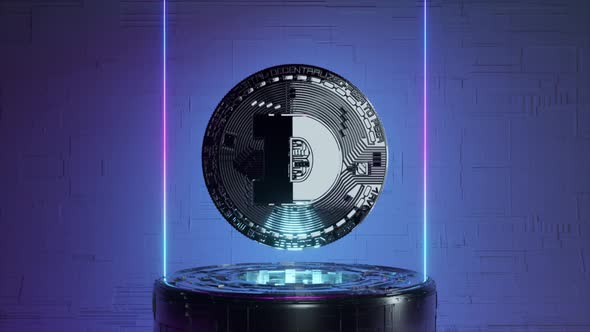 Rotating Dogecoin in a Futuristic Future Room with Neon Lighting