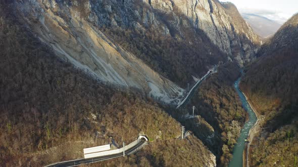 Amazing Mountain River Mzymta in the Evening Landscape of Sochi Sunset