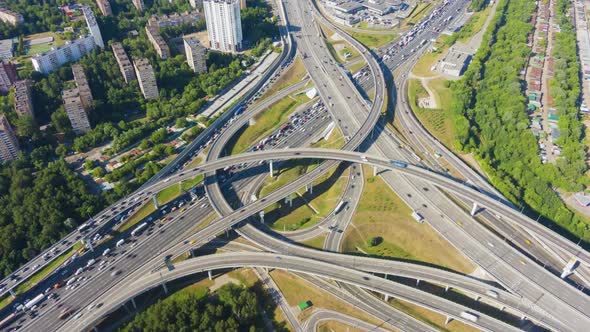 Road Junction and Cars Traffic in Summer Day. Flyover. Aerial View