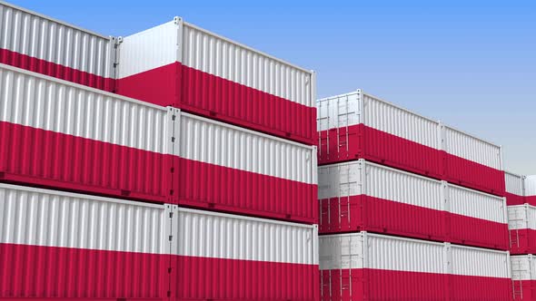 Container Yard Full of Containers with Flag of Poland