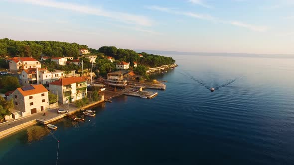 Aerial drone shot of the waterfront in Selca Island Brac Croatia Europe