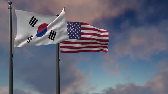 South Korea Flag Waving Along With The National Flag Of The USA - 4K