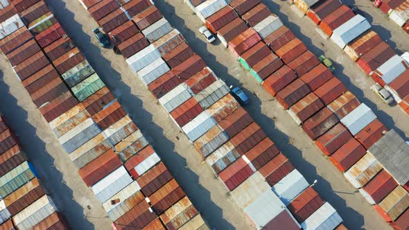 Flight on the Drone Above the Rows of Garages. Aerial