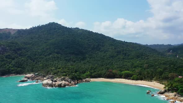 Aerial view sky of relaxing bay beach voyage by blue lagoon with bright sandy background of journey 