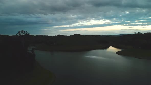 drone aerial footage flying over reservoir of Paraibuna Brasil