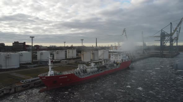 Cargo ship in winter port