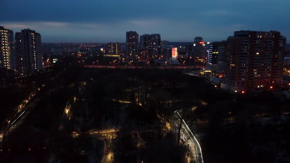 Aerial view evening Sarzhyn Yar Kharkiv city park