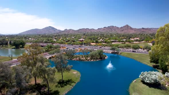 Steady shot Drone footage of McCormick Ranch Fountain, ?Scottsdale, Arizona