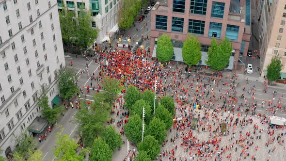 Aerial View of the Cancel Canada Day Protest as Native People March in Downtown Vancouver BC Canada