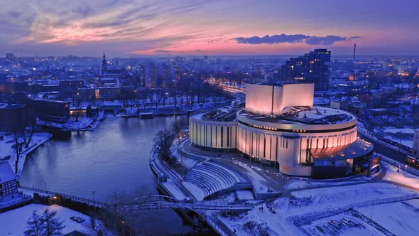 Opera Nova in Bydgoszcz at sunset in winter, Poland