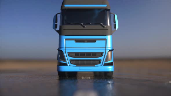 Blue truck, trailer on the road, highway. Transports, logistics shipping concept