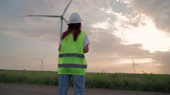 Woman Holding Joystick Controlling Flying Drone Check Correct Operation Windmill