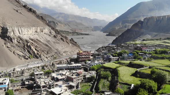 Aerial View of Kagbeni and the Mountain Valley in the Himalayas