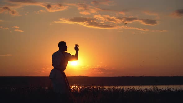 Silhouette of Man Training Karate at Sunset