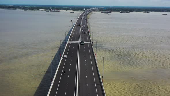 Aerial view of Padma bridge, over the Padma river by day, Dhaka, Bangladesh.